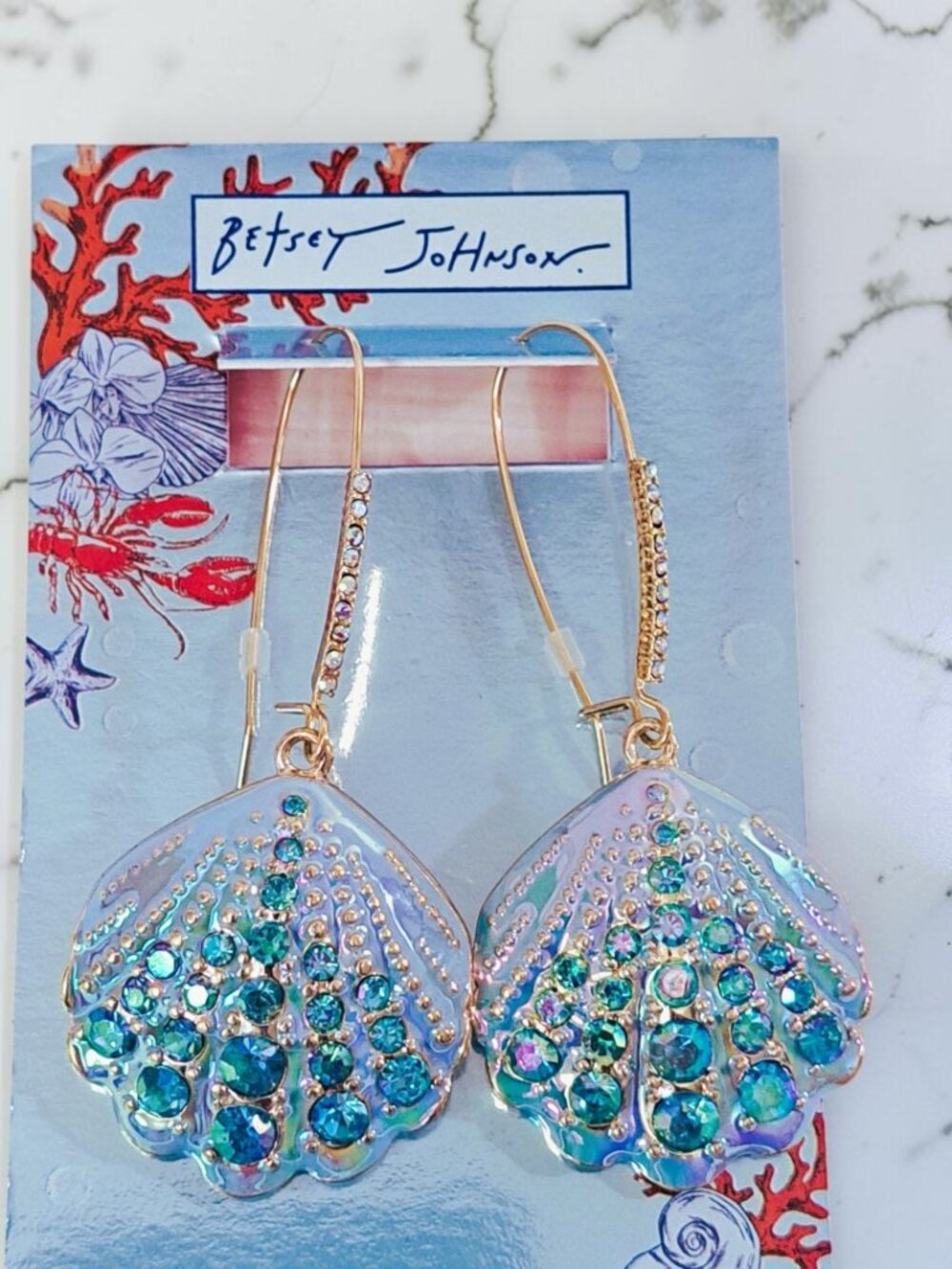 Betsey Johnson Blue Shell Dangle Faux Stone Earrings
